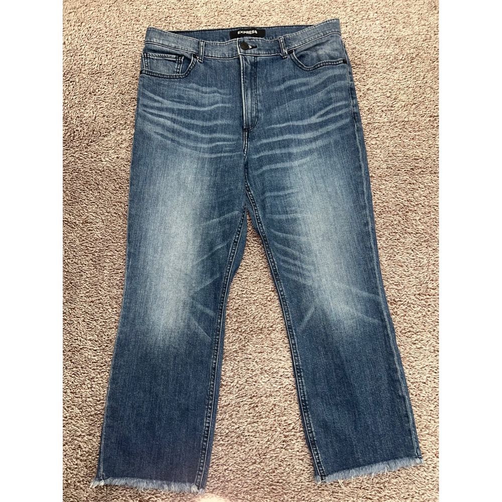 Express Womens High Rise Crop Jeans Medium Wash Raw Hem Size 12 #009088590